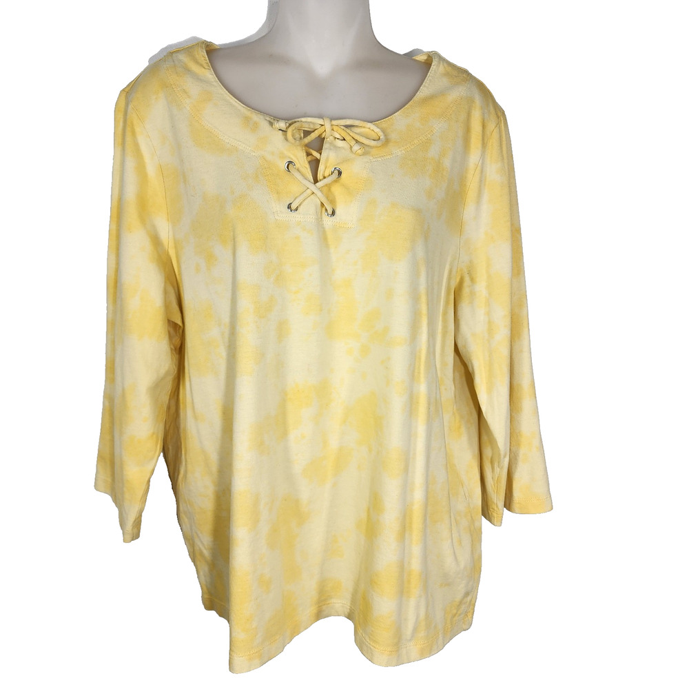 Chicos Top T Shirt Size 2 Large Tie Dye Yellow 3/4 Sleeve Pullover Lace Up Knit